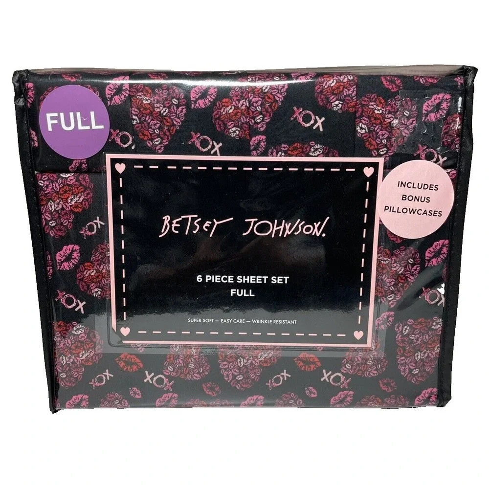 Betsey Johnson 6 Pc FULL Sheet Set w/4 Pillowcases Black‎ Pink Hearts Lipstick